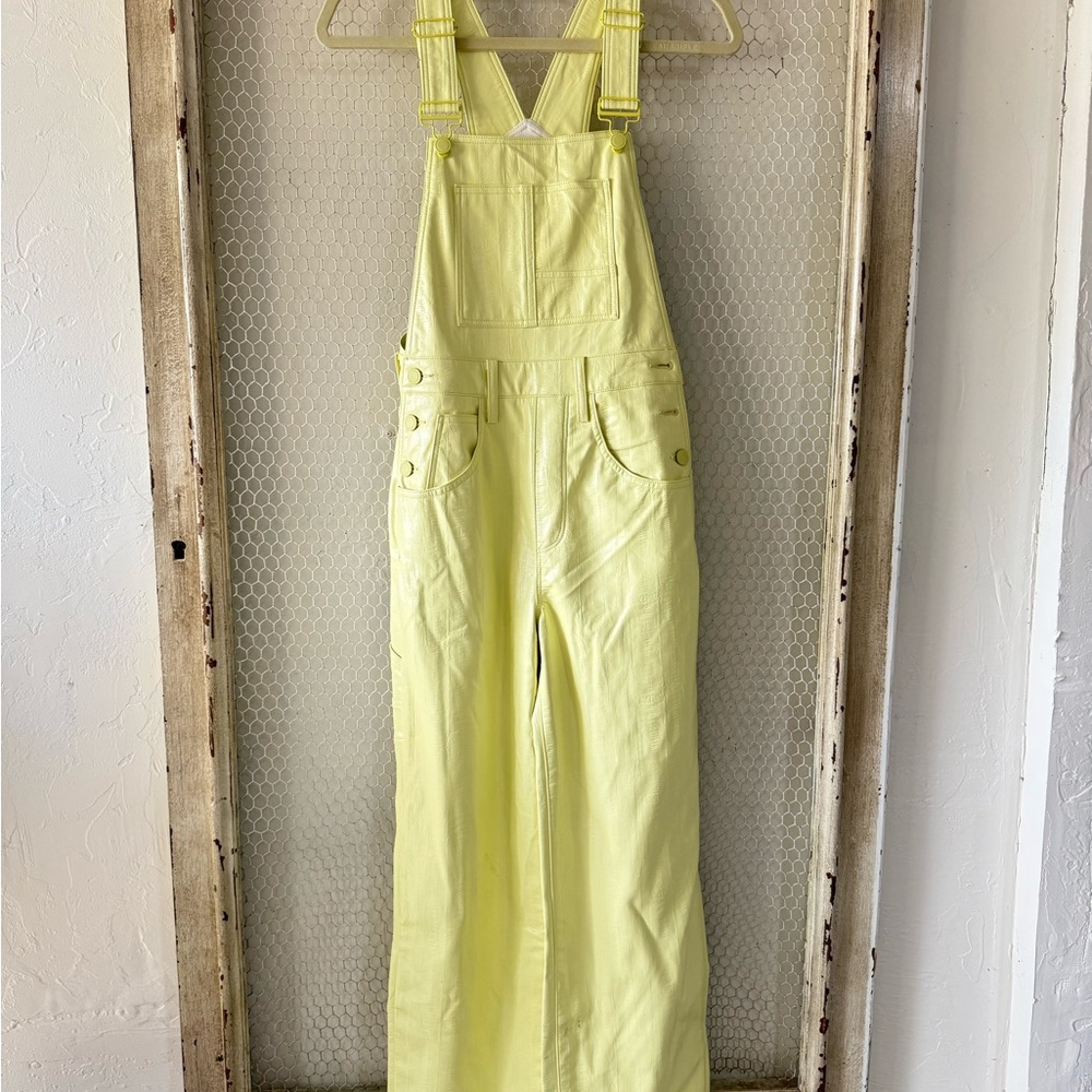 Good American Neon Light Yellow Women's Crocodile Print Faux Leather Overalls